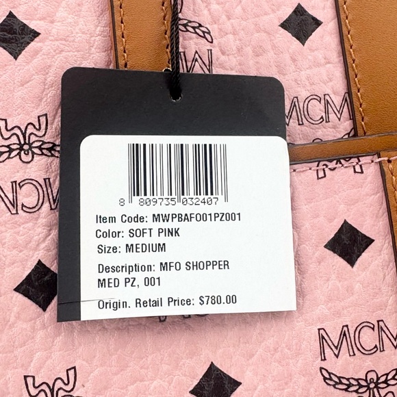 MCM New With Tags Anya Top Zip Shopper Soft Pink Black Logo Canvas/ Leather Tote - Picture 7 of 13